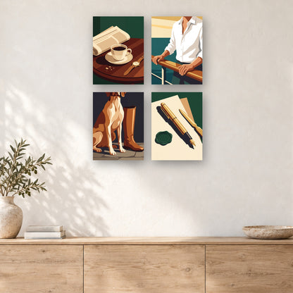 Coffret de 4 peintures par numéro Matinée d'un Gentleman, mini-toiles présentées au mur, Maison Artsen