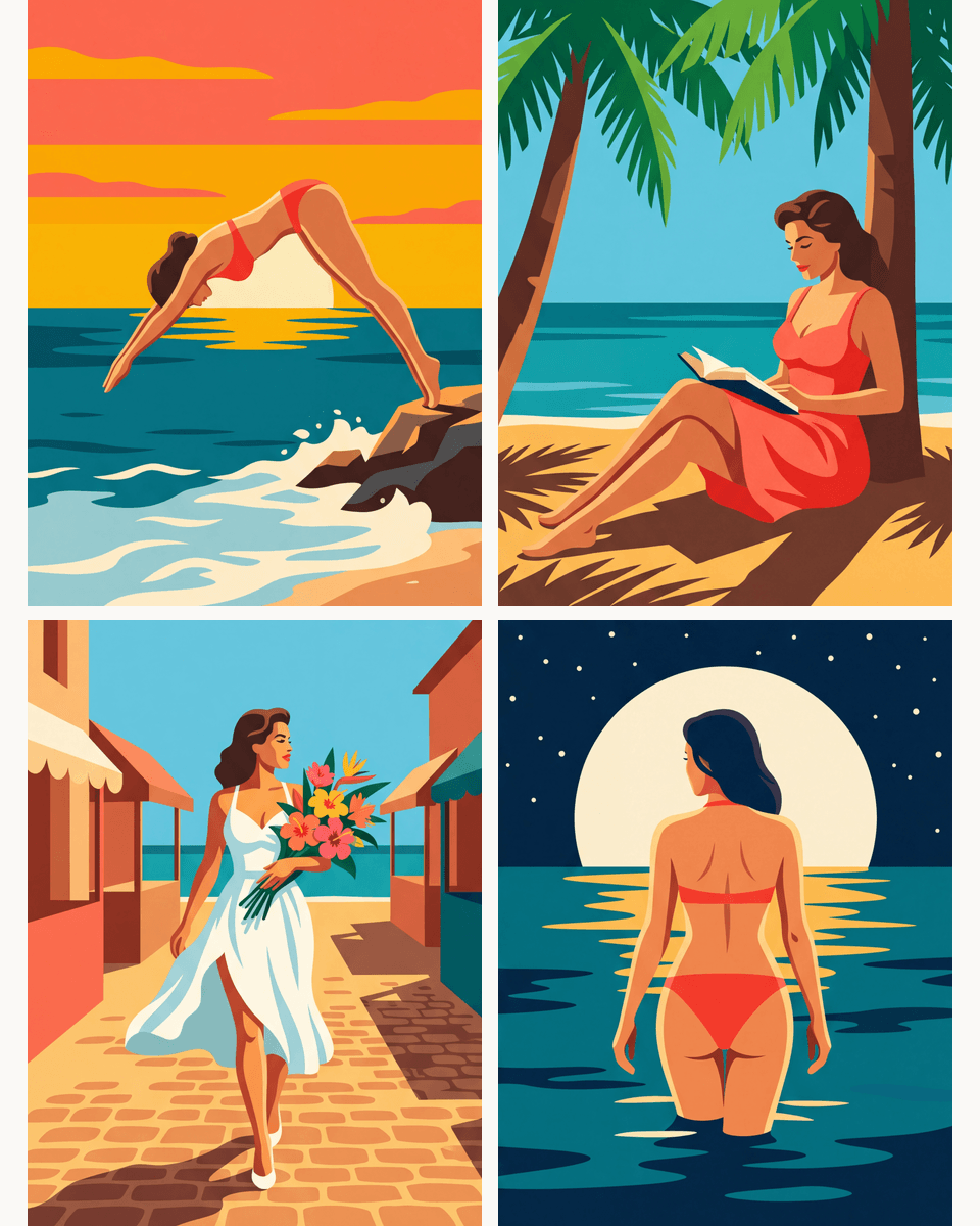Coffret de 4 peintures par numéro Été Rétro sur la Riviera, les mini-toiles à plat, Maison Artsen
