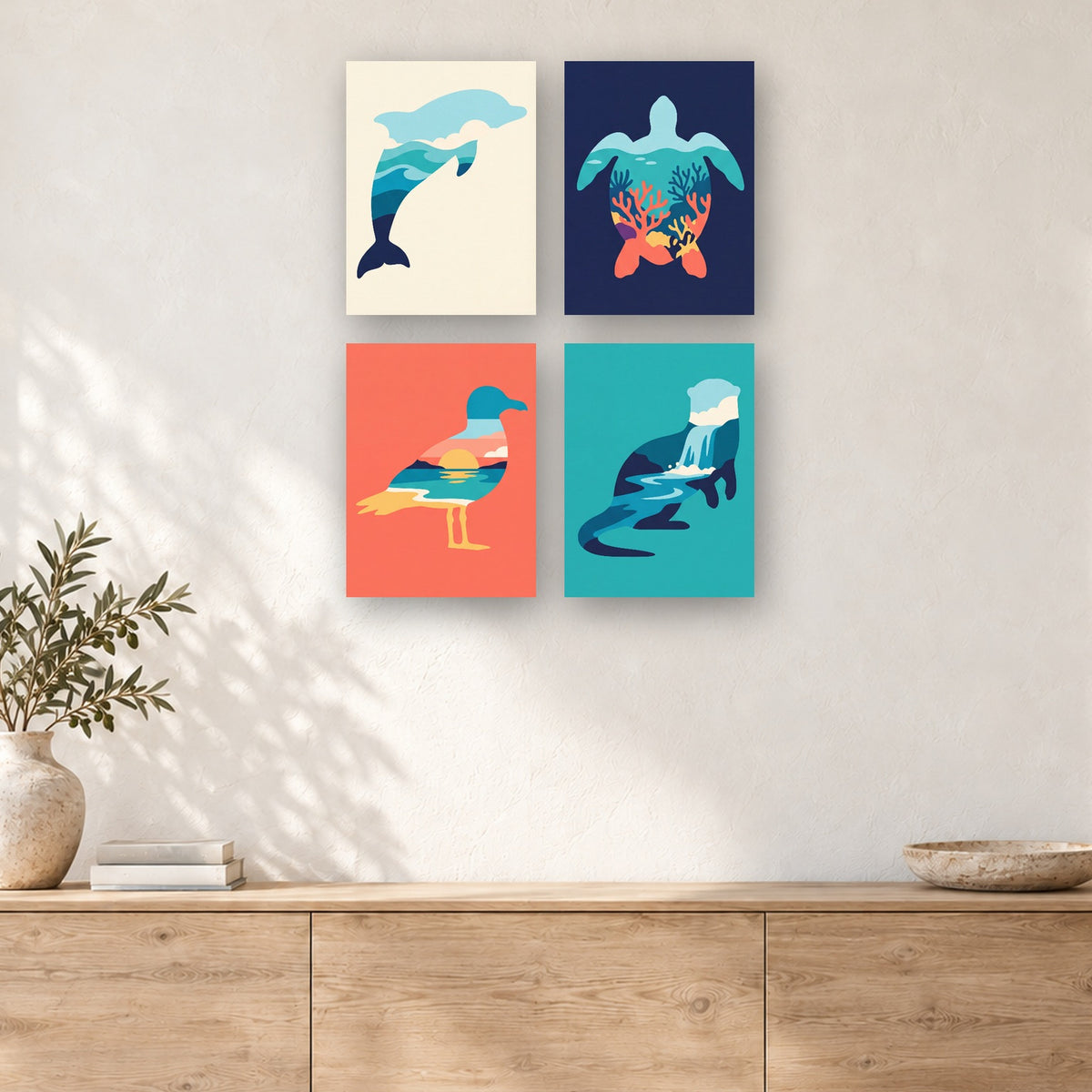 Coffret de 4 peintures par numéro Silhouettes Marines, mini-toiles présentées au mur, Maison Artsen