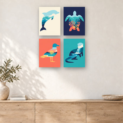 Coffret de 4 peintures par numéro Silhouettes Marines, mini-toiles présentées au mur, Maison Artsen