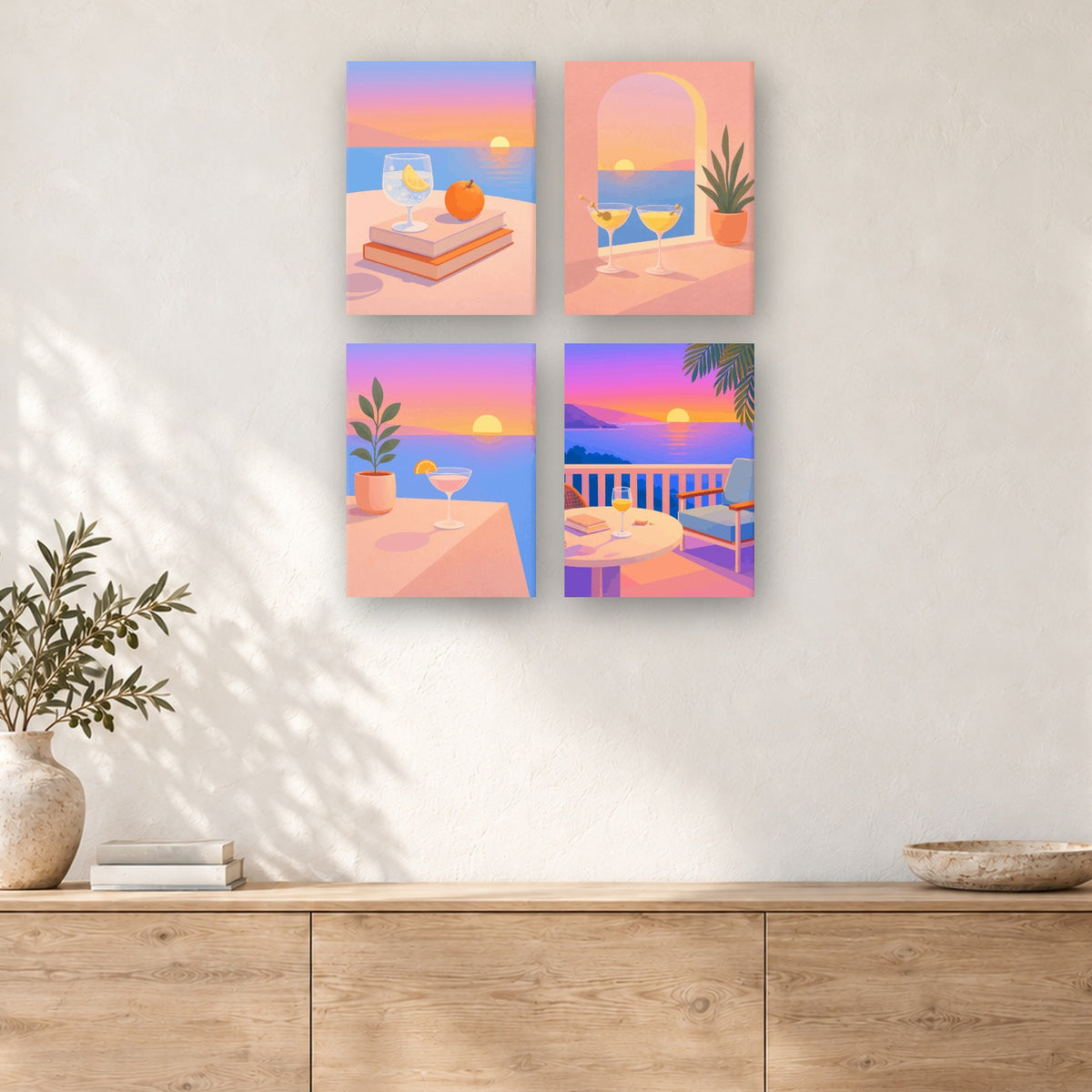 Coffret de 4 peintures par numéro Apéritif au Coucher du Soleil, mini-toiles présentées au mur, Maison Artsen