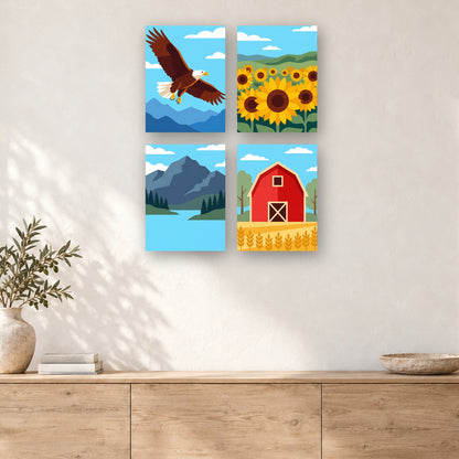 Coffret de 4 peintures par numéro Grands Espaces de Campagne, mini-toiles présentées au mur, Maison Artsen