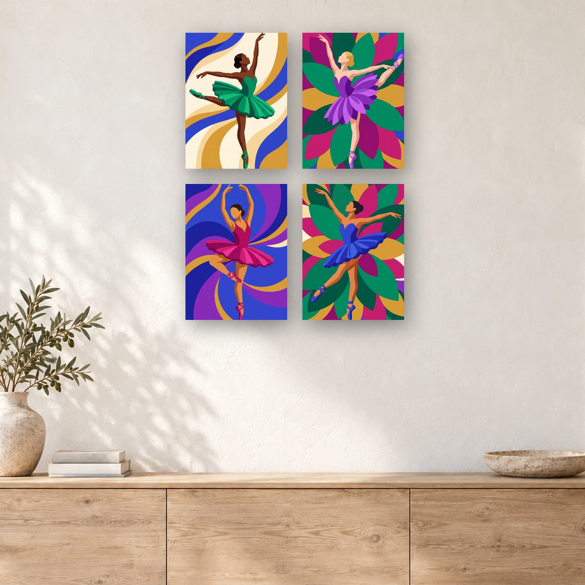 Coffret de 4 peintures par numéro Ballerines en Couleurs, mini-toiles présentées au mur, Maison Artsen