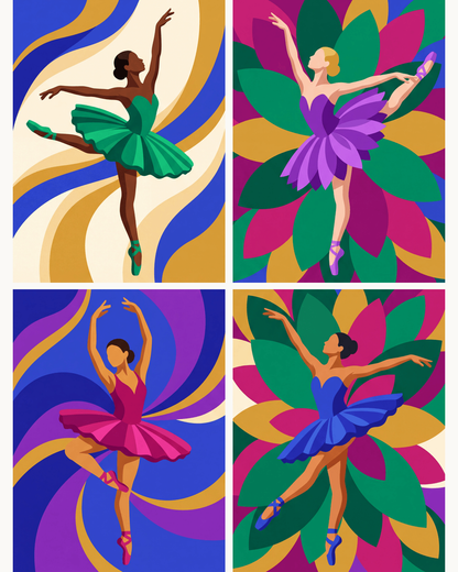 Coffret de 4 peintures par numéro Ballerines en Couleurs, les mini-toiles à plat, Maison Artsen