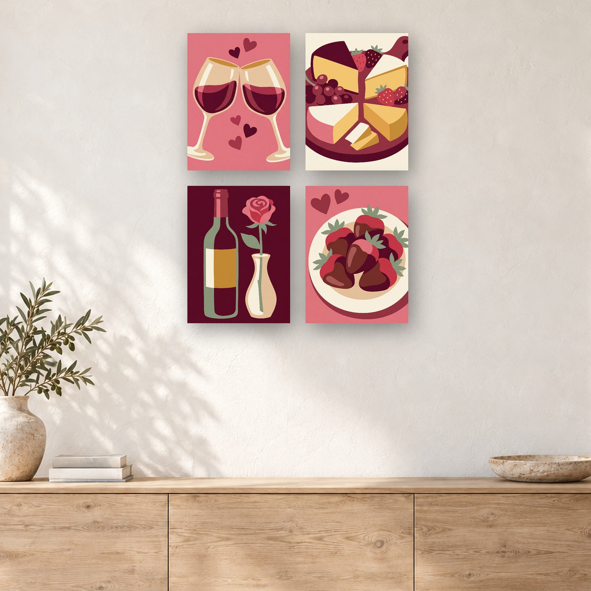 Coffret de 4 peintures par numéro Dîner en Amoureux, mini-toiles présentées au mur, Maison Artsen