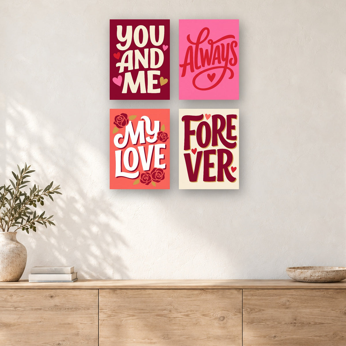 Coffret de 4 peintures par numéro Mots d'Amour en Lettres, mini-toiles présentées au mur, Maison Artsen
