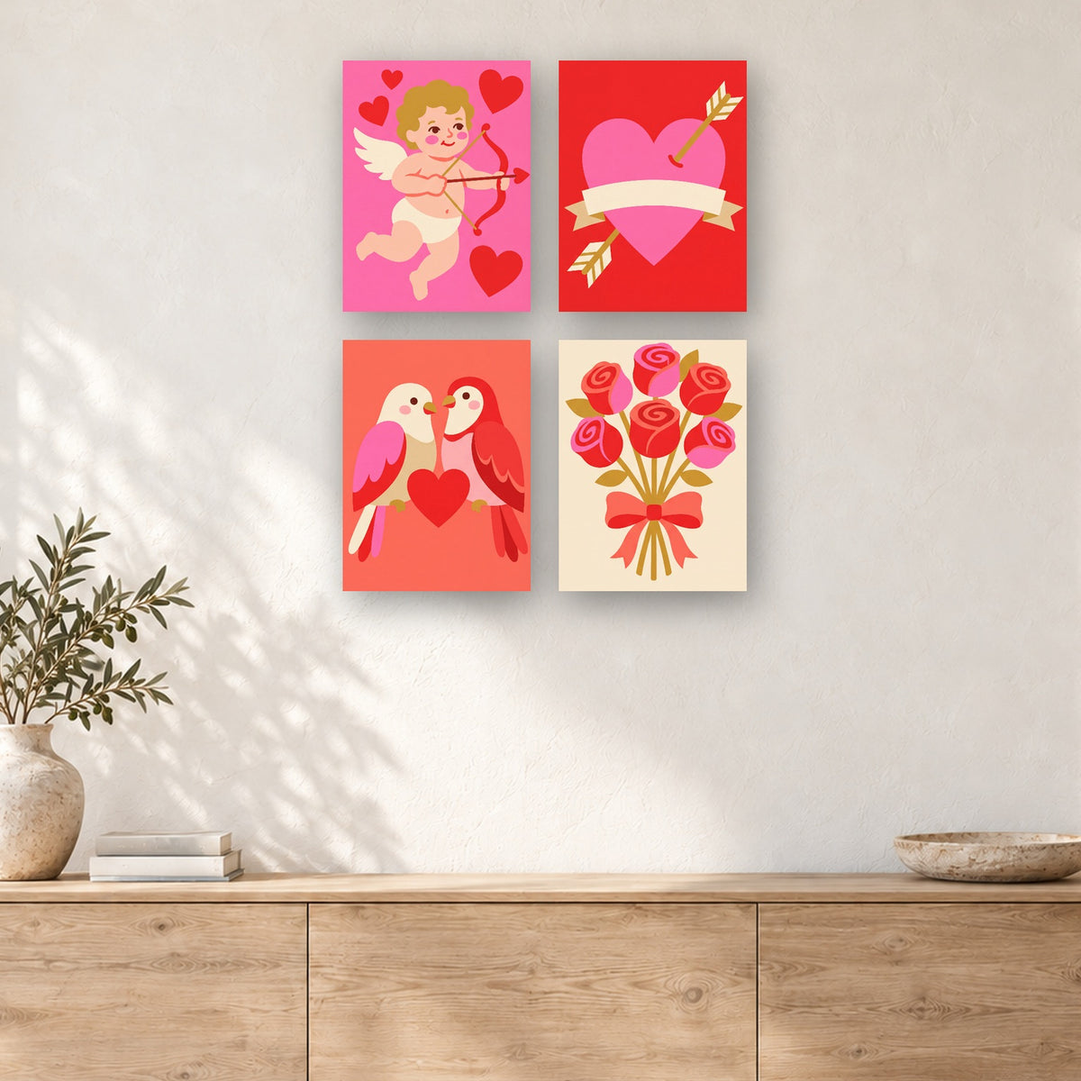 Coffret de 4 peintures par numéro Cupidon et Inséparables, mini-toiles présentées au mur, Maison Artsen