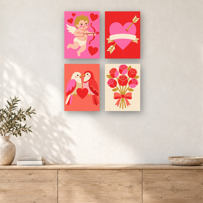 Coffret de 4 peintures par numéro Cupidon et Inséparables, mini-toiles présentées au mur, Maison Artsen