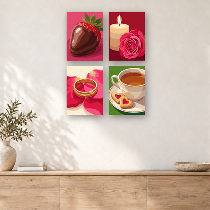 Coffret de 4 peintures par numéro Roses, Vin et Chocolats, mini-toiles présentées au mur, Maison Artsen