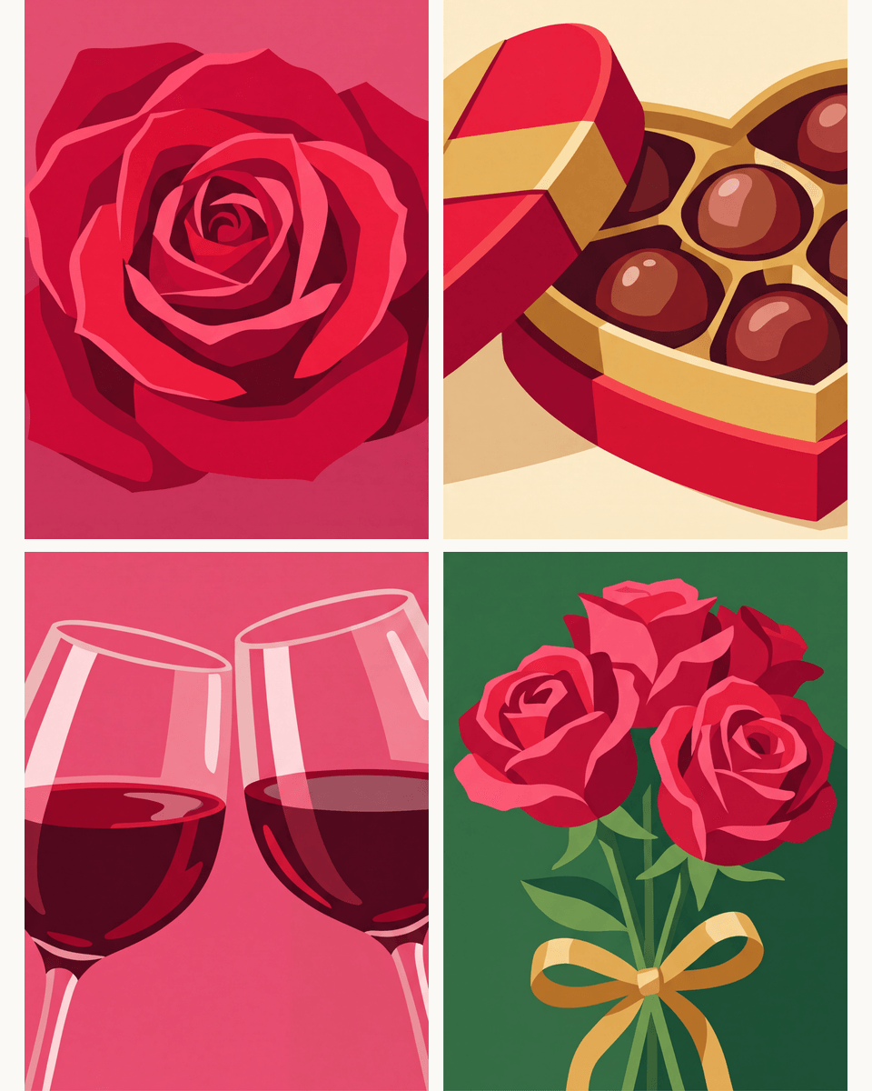 Coffret de 4 peintures par numéro Roses, Vin et Chocolats, les mini-toiles à plat, Maison Artsen