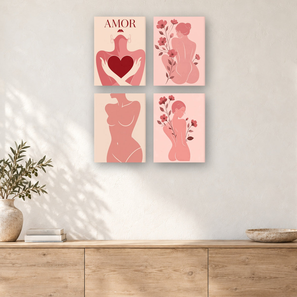 Coffret de 4 peintures par numéro Silhouettes Féminines Roses, mini-toiles présentées au mur, Maison Artsen