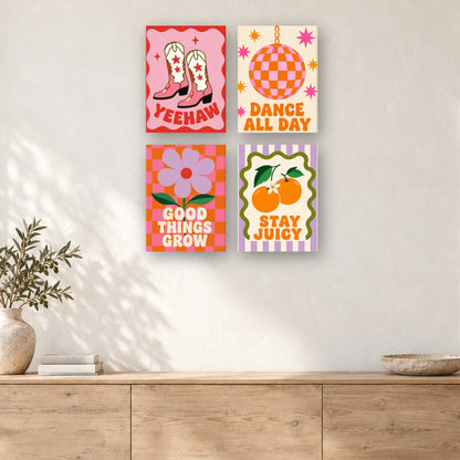 Coffret de 4 peintures par numéro Bonnes Ondes Rétro, mini-toiles présentées au mur, Maison Artsen