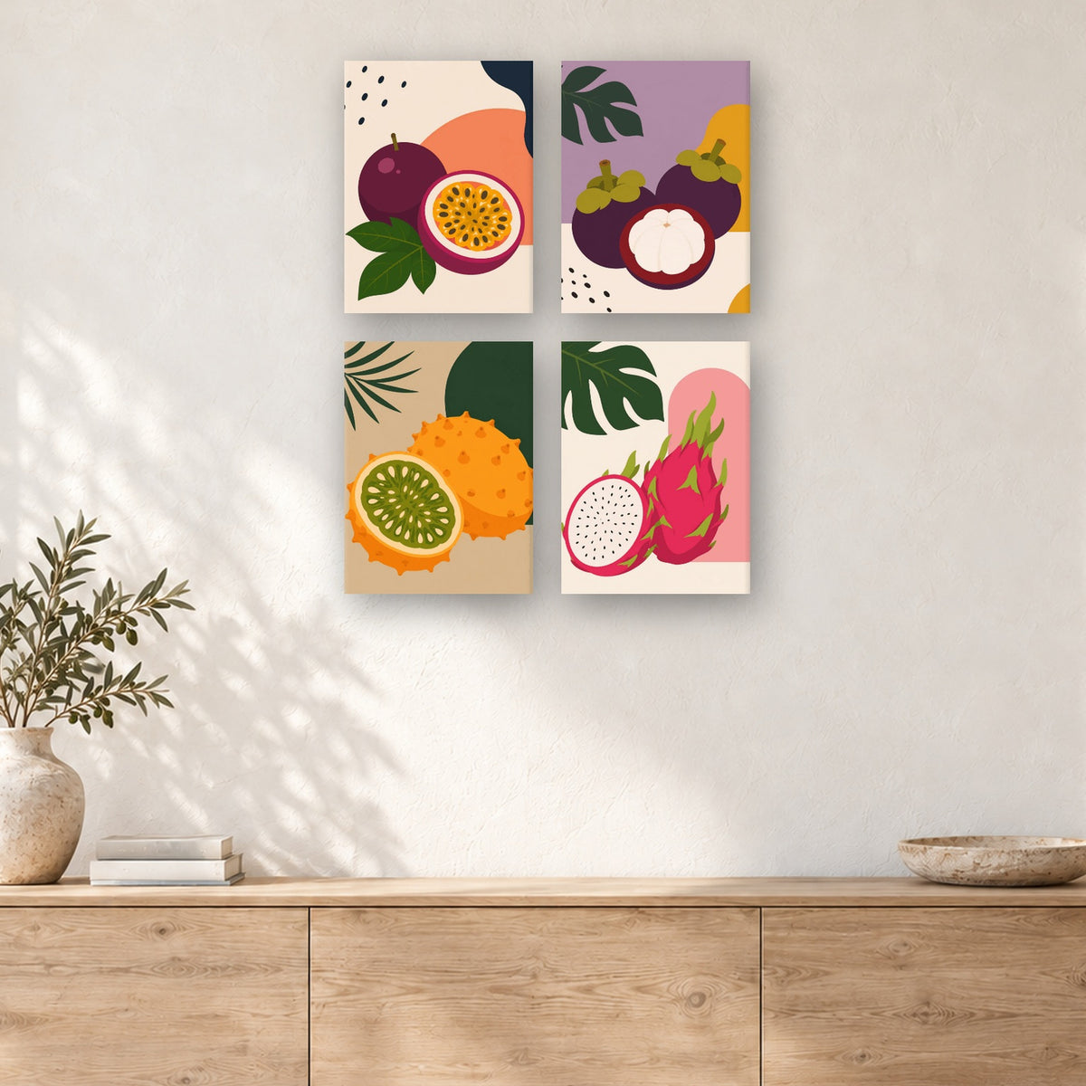 Coffret de 4 peintures par numéro Passion et Pitaya, mini-toiles présentées au mur, Maison Artsen
