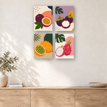 Coffret de 4 peintures par numéro Passion et Pitaya, mini-toiles présentées au mur, Maison Artsen