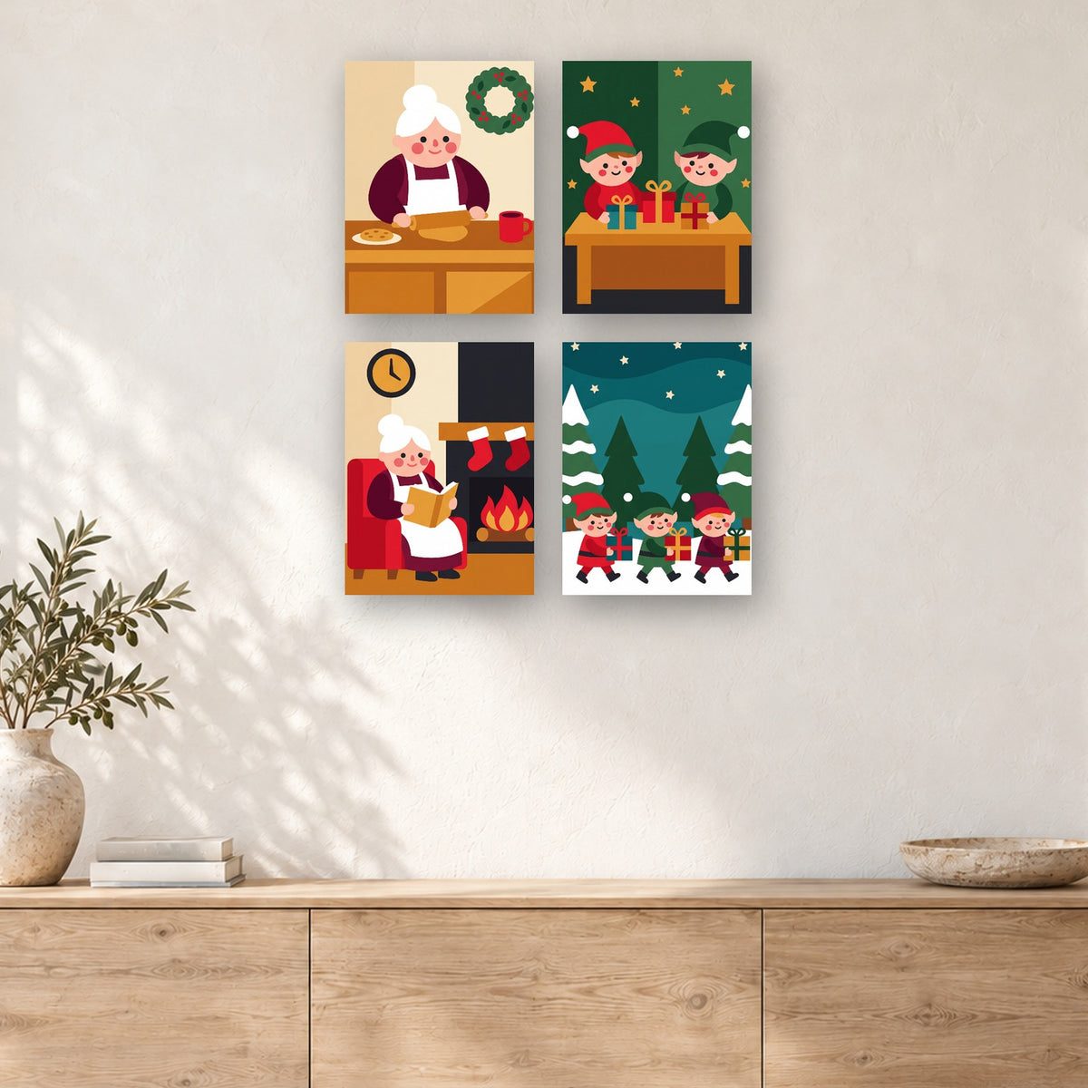 Coffret de 4 peintures par numéro Chez la Mère Noël, mini-toiles présentées au mur, Maison Artsen