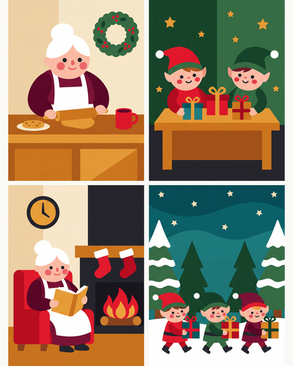 Coffret de 4 peintures par numéro Chez la Mère Noël, les mini-toiles à plat, Maison Artsen