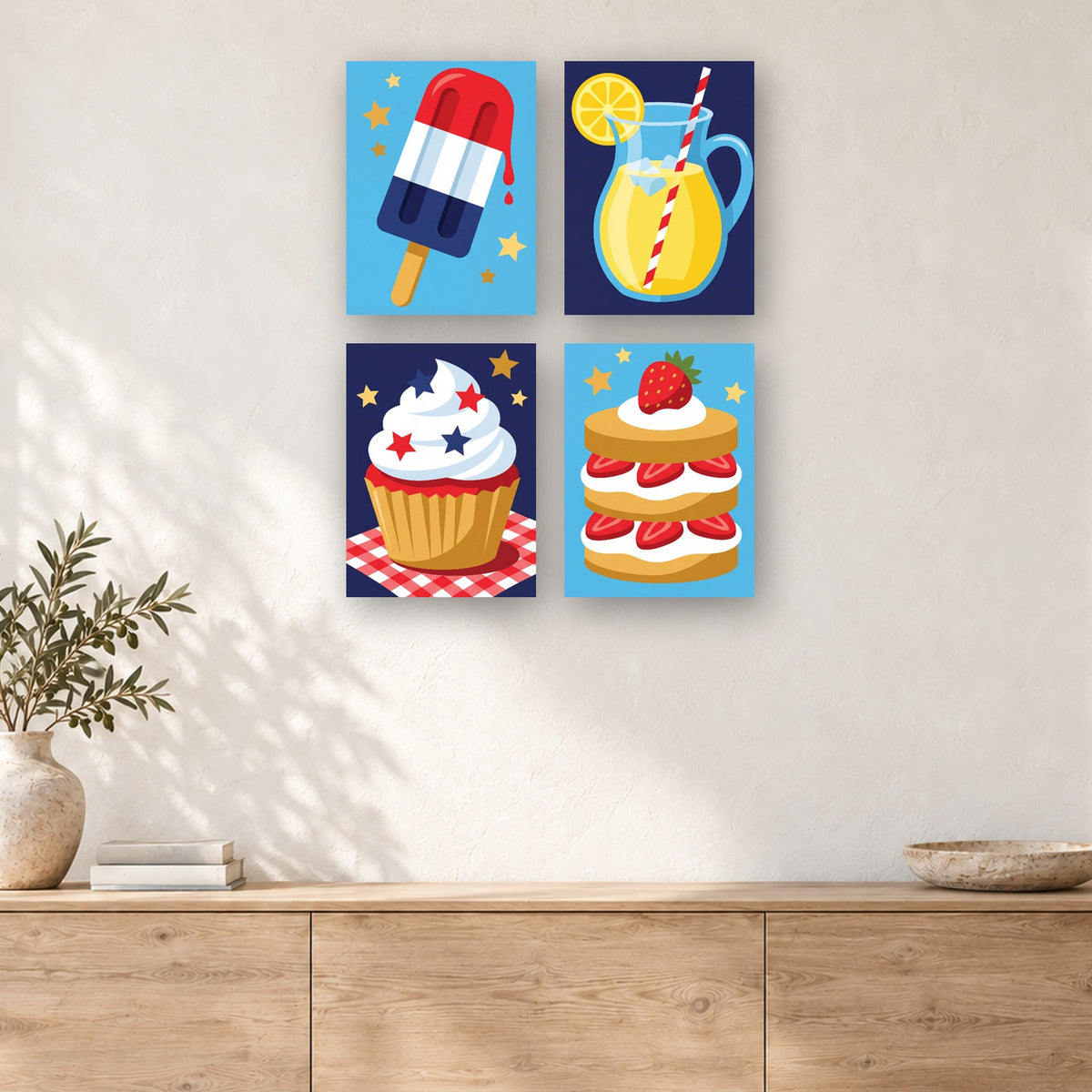 Coffret de 4 peintures par numéro Douceurs Bleu Blanc Rouge, mini-toiles présentées au mur, Maison Artsen