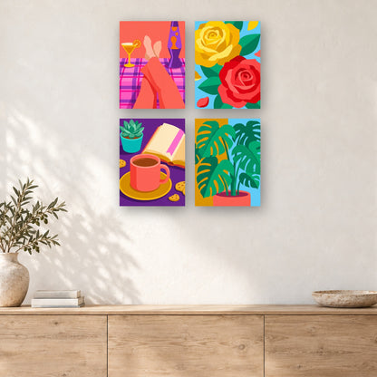 Coffret de 4 peintures par numéro Dimanche Douillet, mini-toiles présentées au mur, Maison Artsen
