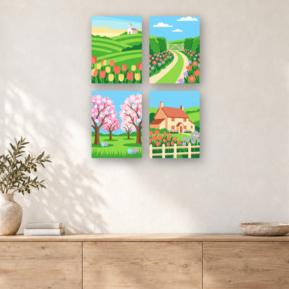 Coffret de 4 peintures par numéro Campagne au Printemps, mini-toiles présentées au mur, Maison Artsen