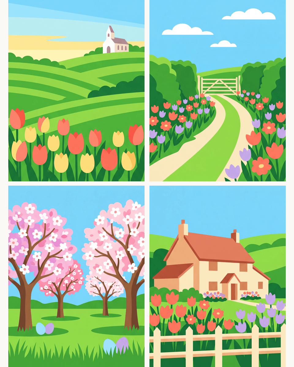 Coffret de 4 peintures par numéro Campagne au Printemps, les mini-toiles à plat, Maison Artsen