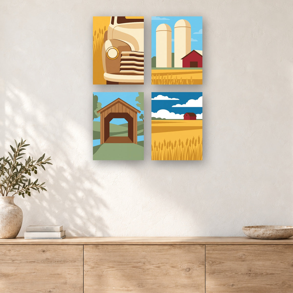 Coffret de 4 peintures par numéro Route des Champs Dorés, mini-toiles présentées au mur, Maison Artsen