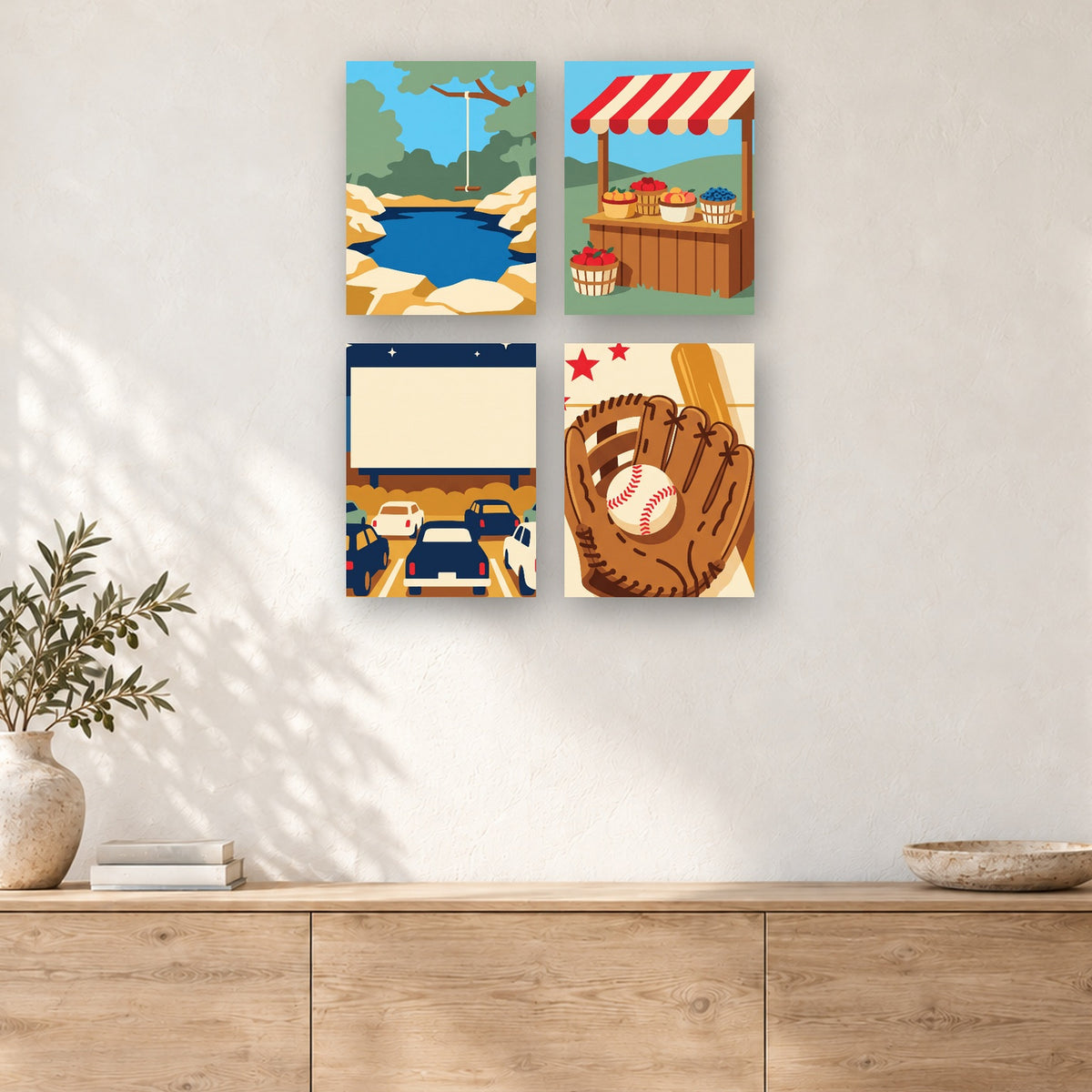 Coffret de 4 peintures par numéro Été d'une Petite Ville, mini-toiles présentées au mur, Maison Artsen