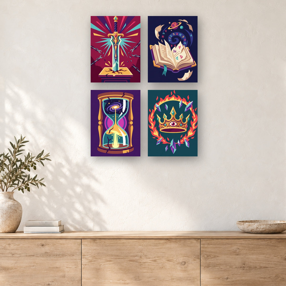 Coffret de 4 peintures par numéro Reliques Légendaires, mini-toiles présentées au mur, Maison Artsen