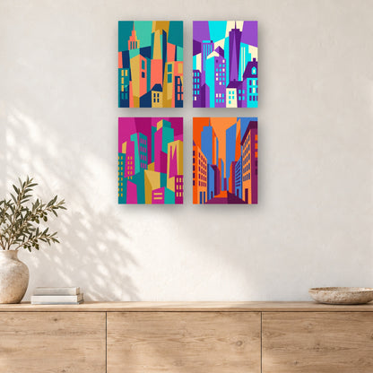 Coffret de 4 peintures par numéro Villes en Blocs de Couleur, mini-toiles présentées au mur, Maison Artsen