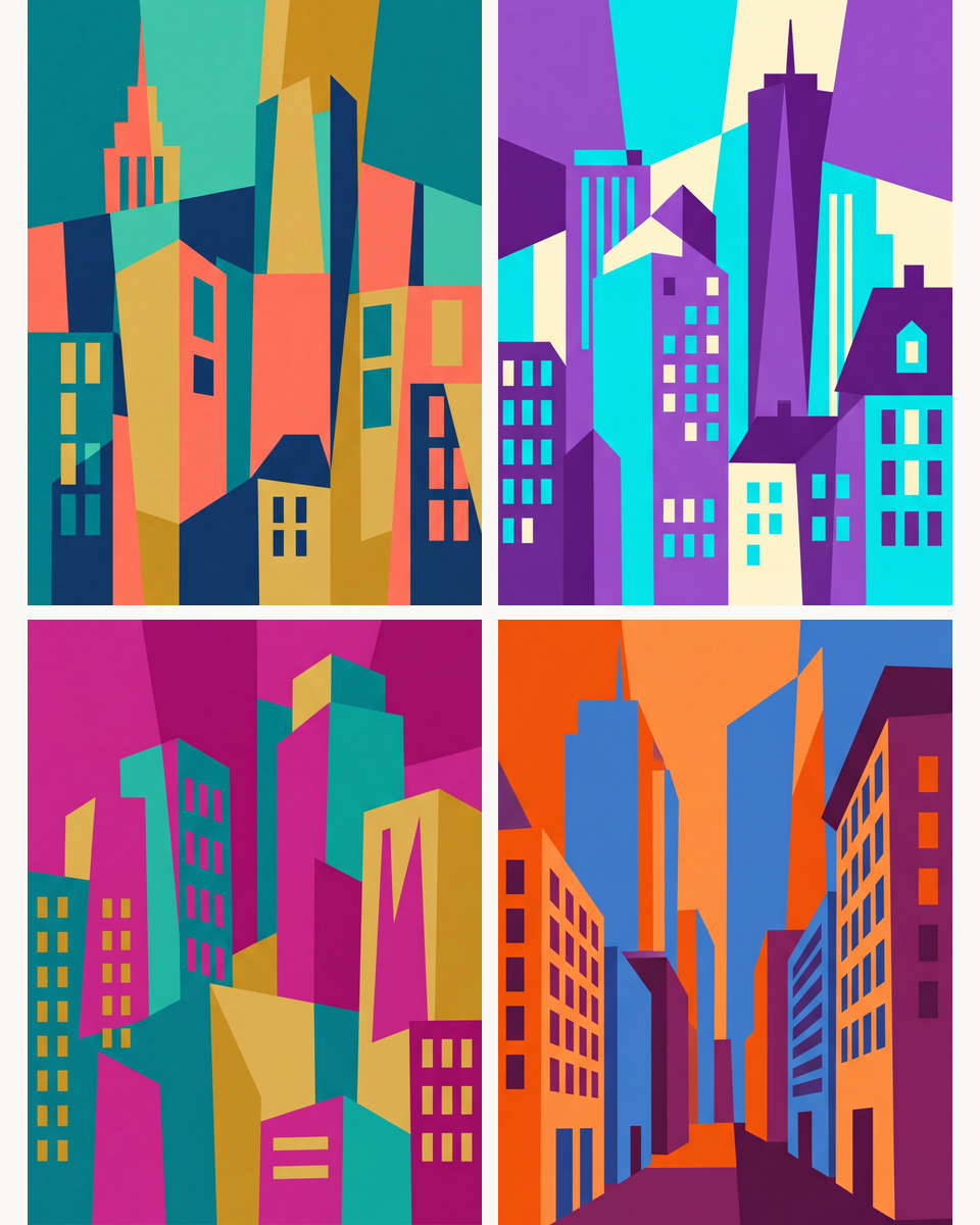 Coffret de 4 peintures par numéro Villes en Blocs de Couleur, les mini-toiles à plat, Maison Artsen
