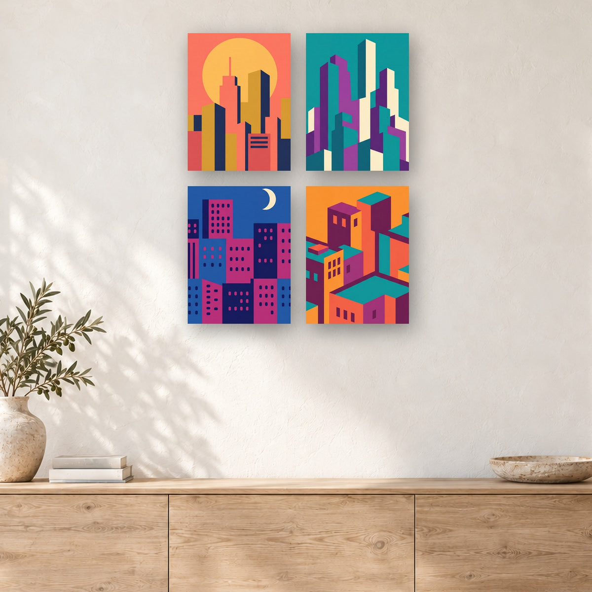 Coffret de 4 peintures par numéro Ville du Jour à la Nuit, mini-toiles présentées au mur, Maison Artsen