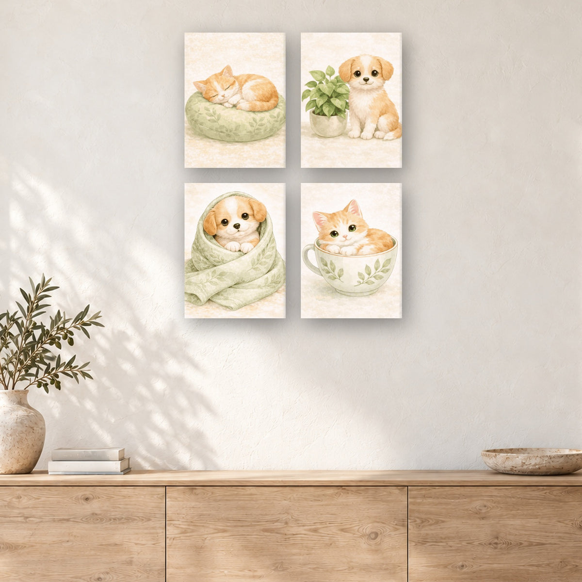 Coffret de 4 peintures par numéro Chatons et Chiots Câlins, mini-toiles présentées au mur, Maison Artsen
