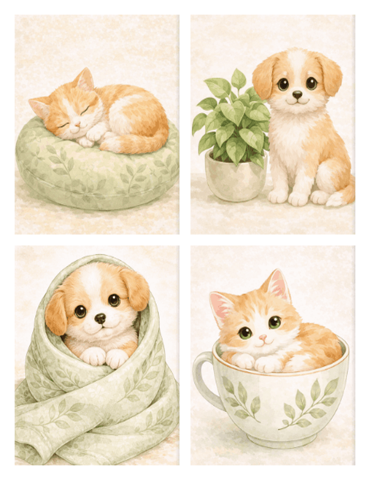 Coffret de 4 peintures par numéro Chatons et Chiots Câlins, les mini-toiles à plat, Maison Artsen