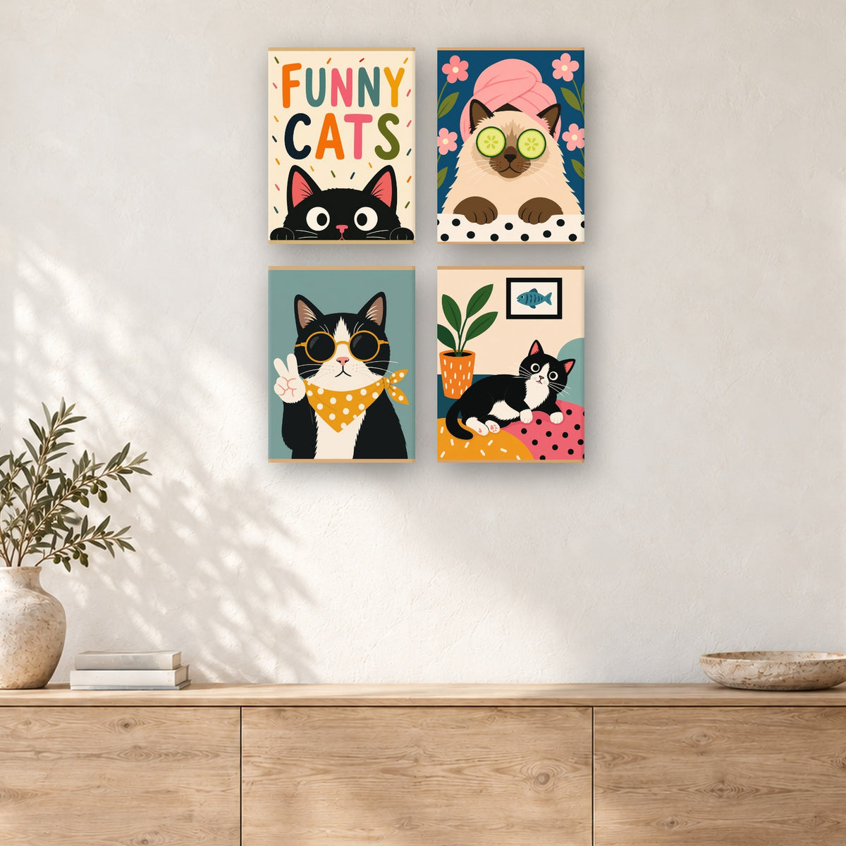 Coffret de 4 peintures par numéro Chats Rigolos, mini-toiles présentées au mur, Maison Artsen