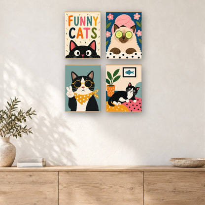 Coffret de 4 peintures par numéro Chats Rigolos, mini-toiles présentées au mur, Maison Artsen