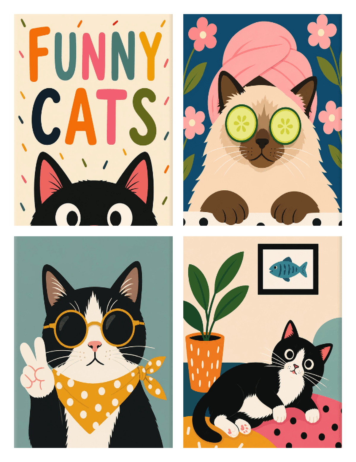 Coffret de 4 peintures par numéro Chats Rigolos, les mini-toiles à plat, Maison Artsen