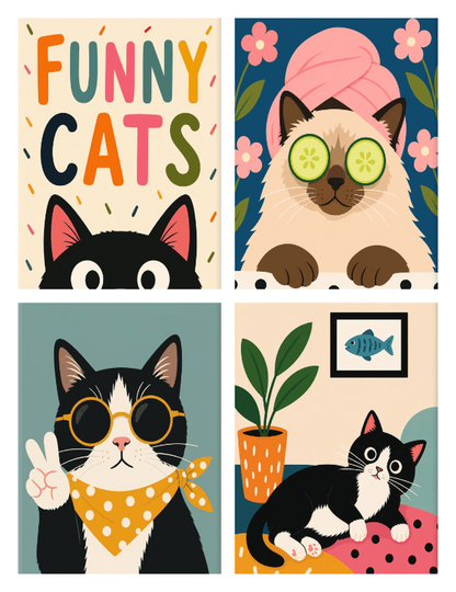 Coffret de 4 peintures par numéro Chats Rigolos, les mini-toiles à plat, Maison Artsen