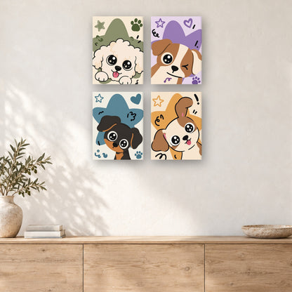 Coffret de 4 peintures par numéro Chiots aux Yeux Étoilés, mini-toiles présentées au mur, Maison Artsen