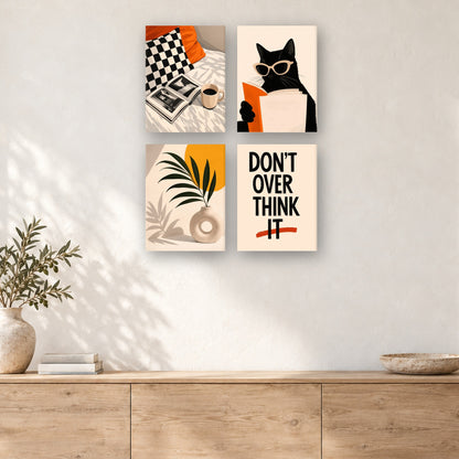 Coffret de 4 peintures par numéro Chat Noir et Déco Moderne, mini-toiles présentées au mur, Maison Artsen