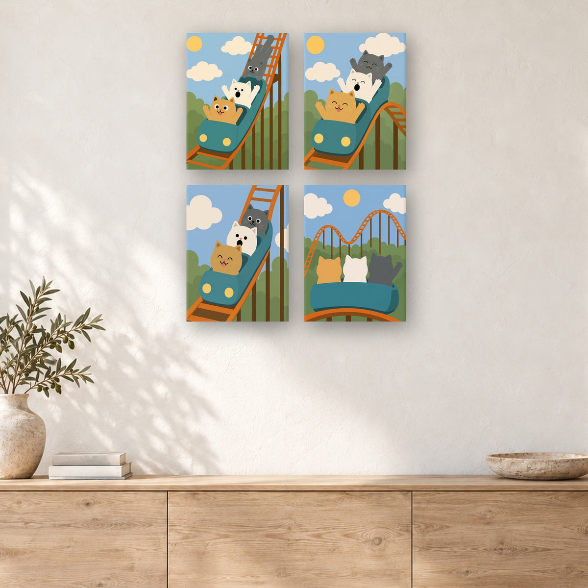 Coffret de 4 peintures par numéro Chats en Montagnes Russes, mini-toiles présentées au mur, Maison Artsen