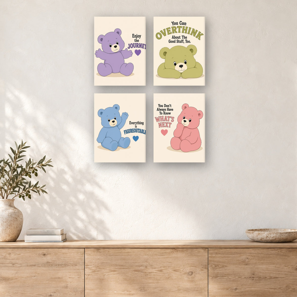 Coffret de 4 peintures par numéro Oursons Bienveillants, mini-toiles présentées au mur, Maison Artsen