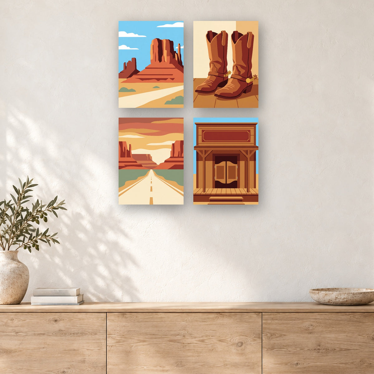 Coffret de 4 peintures par numéro Route du Grand Ouest, mini-toiles présentées au mur, Maison Artsen