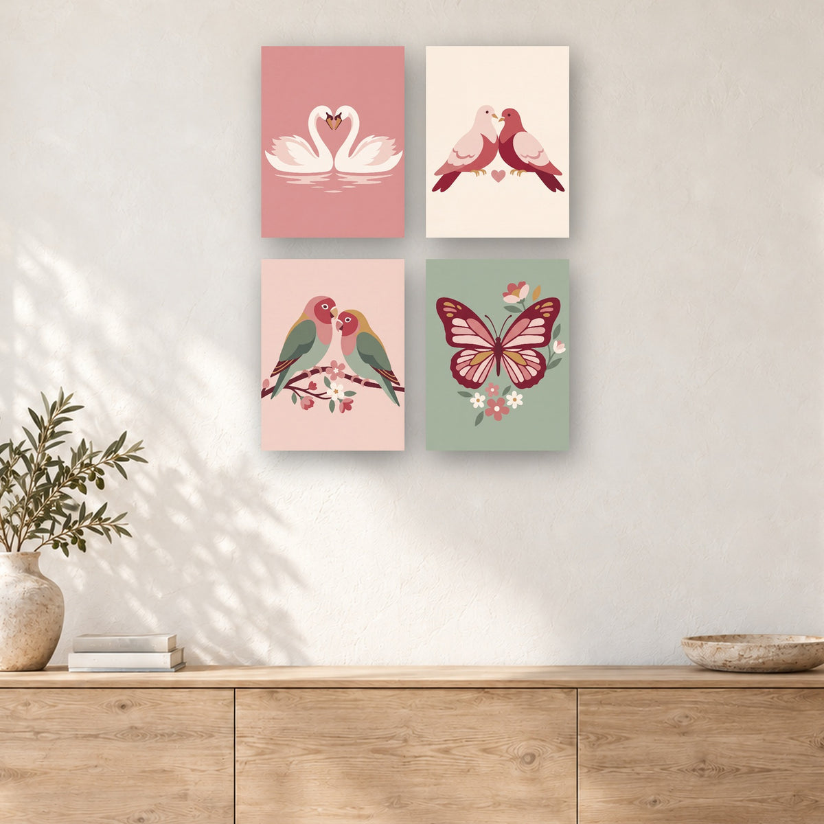 Coffret de 4 peintures par numéro Oiseaux Amoureux, mini-toiles présentées au mur, Maison Artsen