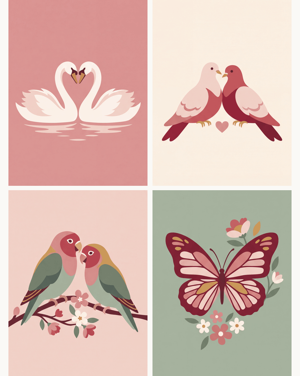 Coffret de 4 peintures par numéro Oiseaux Amoureux, les mini-toiles à plat, Maison Artsen