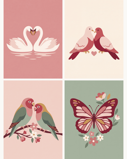 Coffret de 4 peintures par numéro Oiseaux Amoureux, les mini-toiles à plat, Maison Artsen