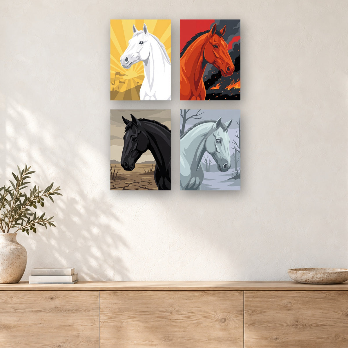 Coffret de 4 peintures par numéro Les Quatre Chevaux, mini-toiles présentées au mur, Maison Artsen