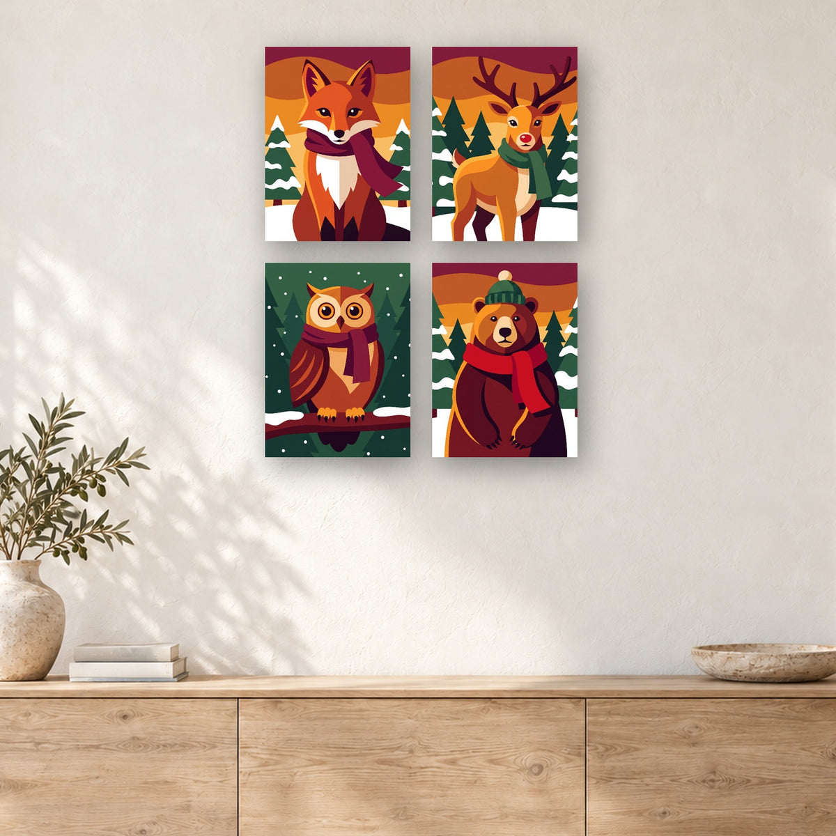 Coffret de 4 peintures par numéro Animaux de la Forêt en Hiver, mini-toiles présentées au mur, Maison Artsen