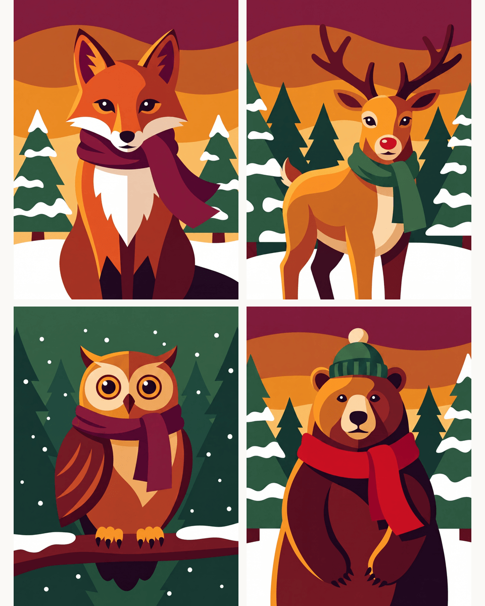 Coffret de 4 peintures par numéro Animaux de la Forêt en Hiver, les mini-toiles à plat, Maison Artsen