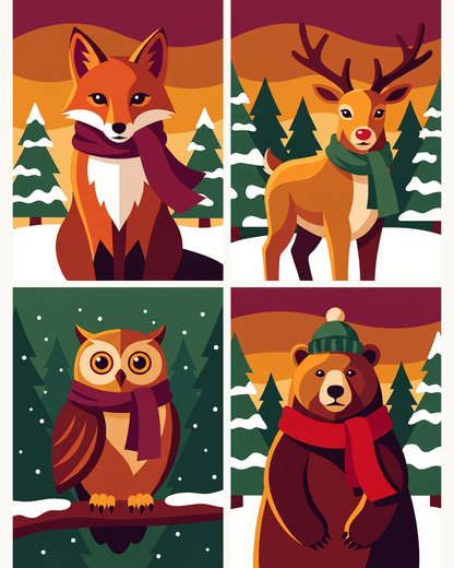 Coffret de 4 peintures par numéro Animaux de la Forêt en Hiver, les mini-toiles à plat, Maison Artsen