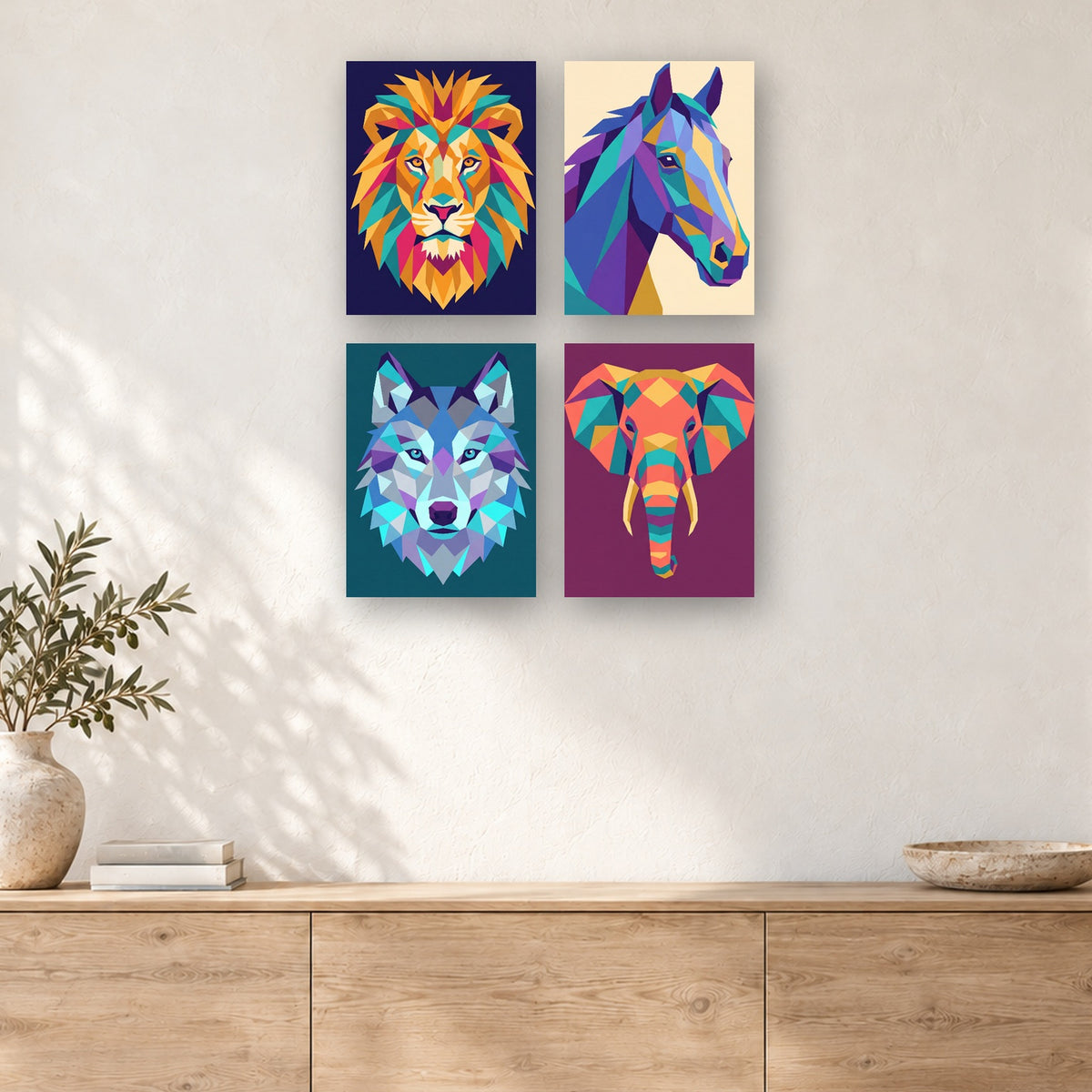 Coffret de 4 peintures par numéro Animaux à Facettes, mini-toiles présentées au mur, Maison Artsen
