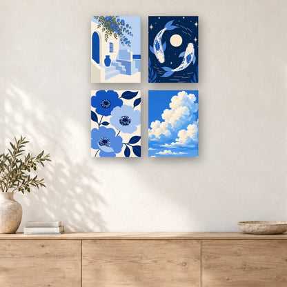 Coffret de 4 peintures par numéro Rêverie en Bleu, mini-toiles présentées au mur, Maison Artsen